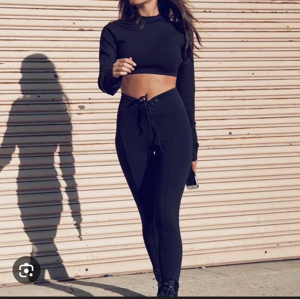 Year of Ours Black High-Waist Ribbed Lace-Up Leggings & Long Sleeve Top S M #87 - Picture 2 of 14